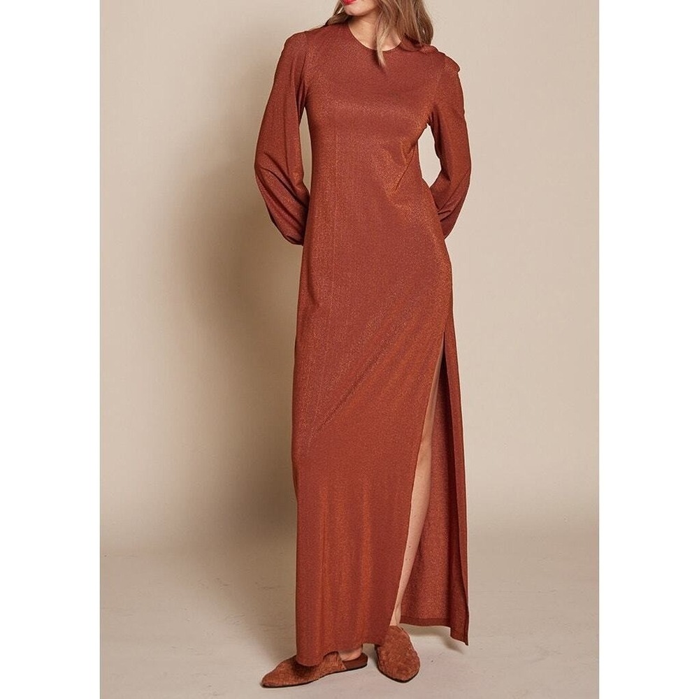ENZA COSTA Lurex Jersey Split Maxi Dress Small Copper Sparkle Long Sleeve Retro - Picture 3 of 16
